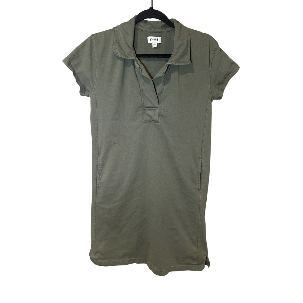 Pact Organic Cotton Polo Collared Shirt Dress Olive Green Pockets Size Small